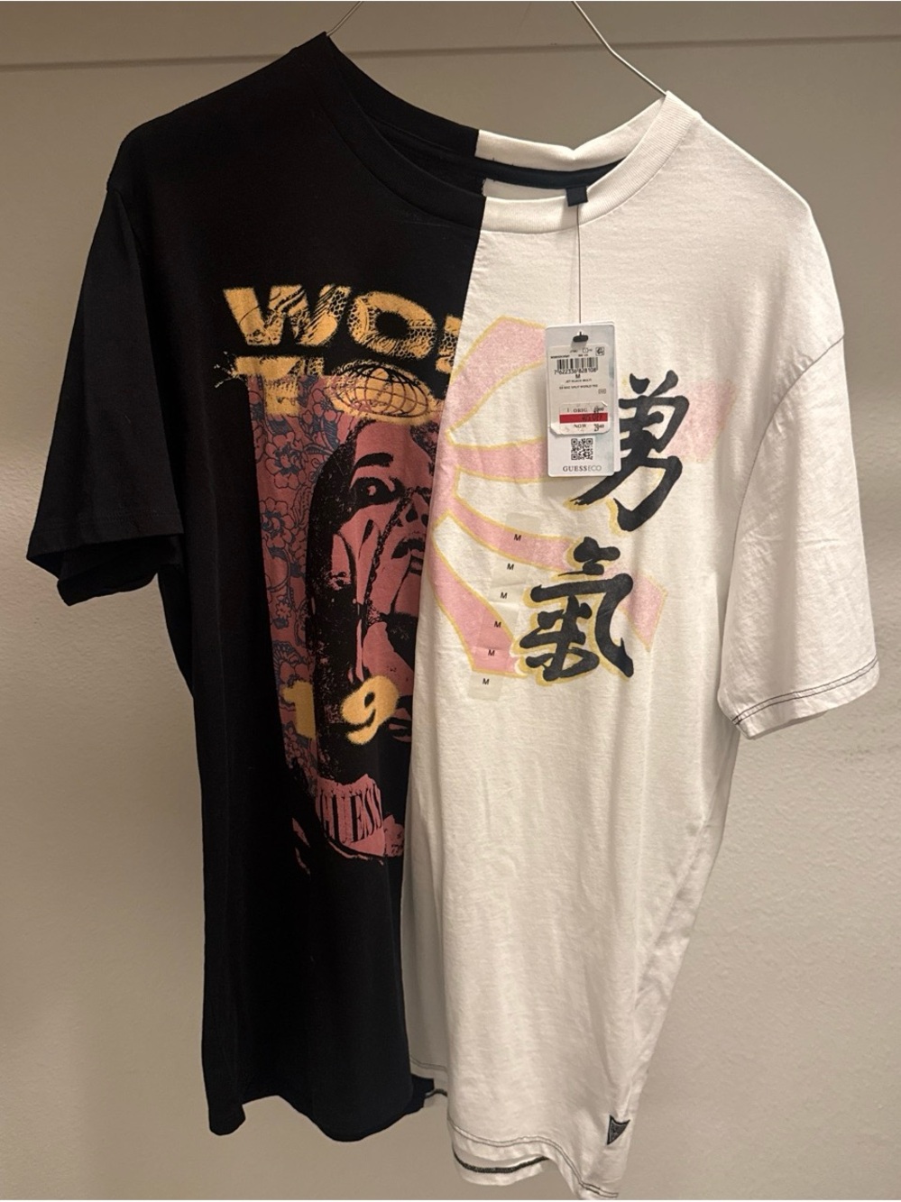 Split Black & White Graphic Tee with Dual-Print Design guess